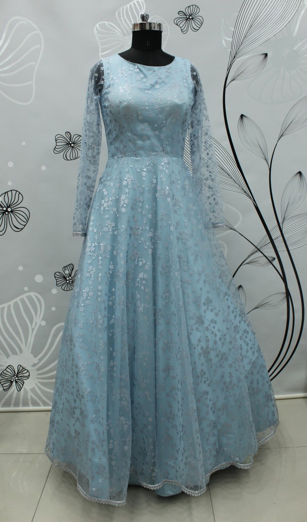 Sky Blue Metallic Foilage Net Evening Long Gown Semi stitched